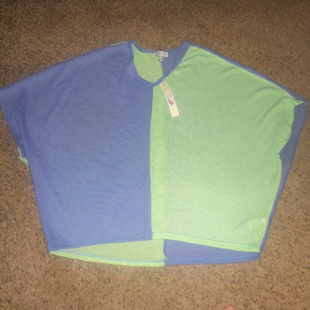 NWT She + Sky Blue Lime Green Lightweight Sweater Sprint Poncho L